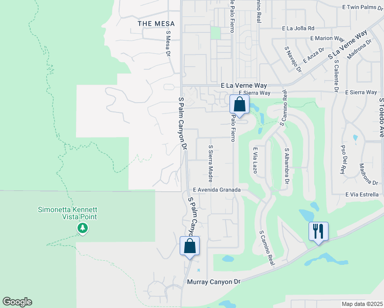 map of restaurants, bars, coffee shops, grocery stores, and more near 2393 South Sky View Drive in Palm Springs