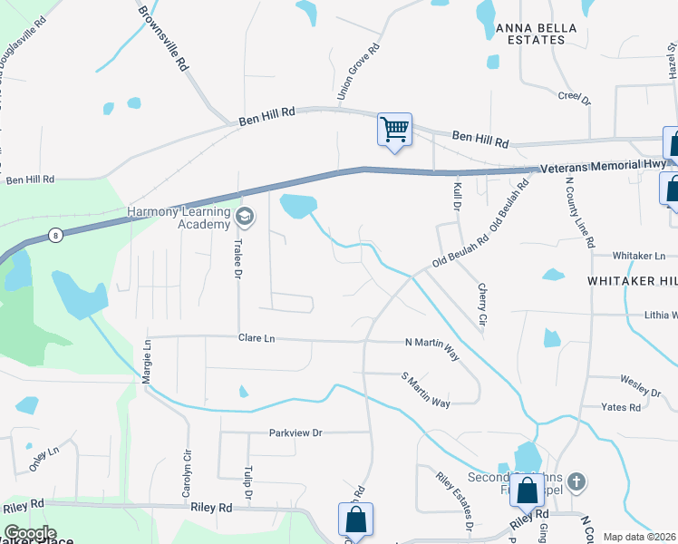 map of restaurants, bars, coffee shops, grocery stores, and more near 589 Boulder Park Drive in Lithia Springs