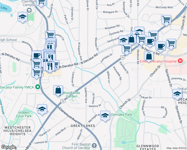 map of restaurants, bars, coffee shops, grocery stores, and more near 1208 Scott Boulevard in Decatur