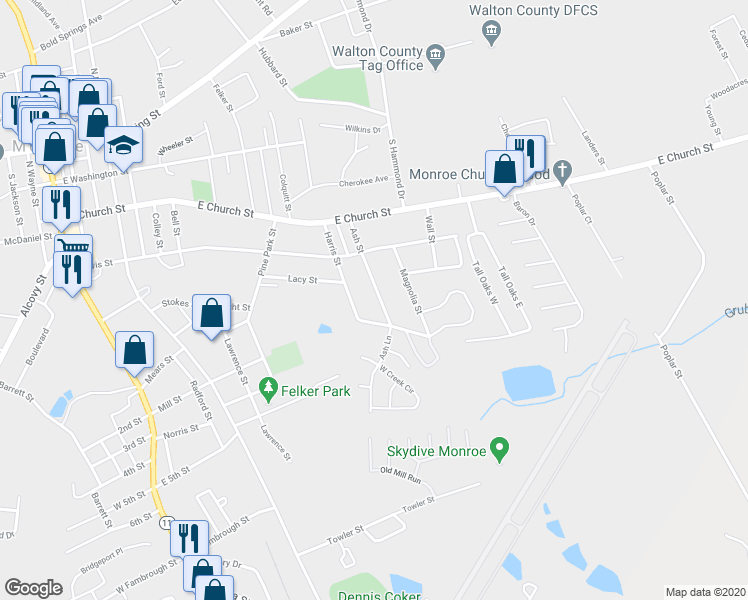map of restaurants, bars, coffee shops, grocery stores, and more near 422 Ash Street in Monroe