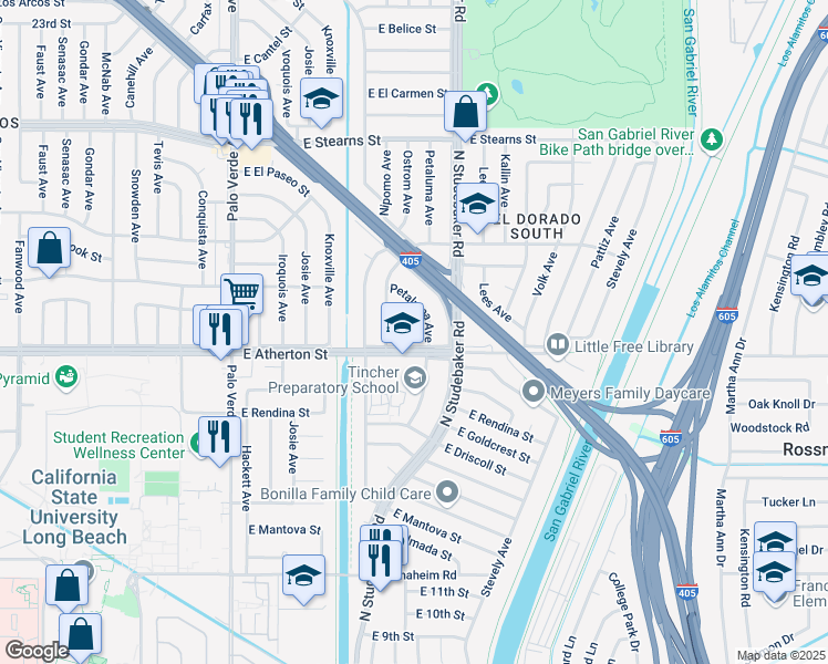 map of restaurants, bars, coffee shops, grocery stores, and more near 1802 Ostrom Avenue in Long Beach