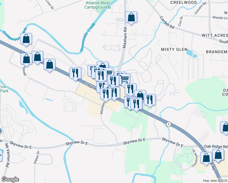 map of restaurants, bars, coffee shops, grocery stores, and more near 608 Thornton Road in Lithia Springs