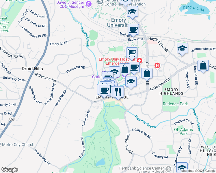 map of restaurants, bars, coffee shops, grocery stores, and more near 1390 Oxford Road Northeast in Atlanta