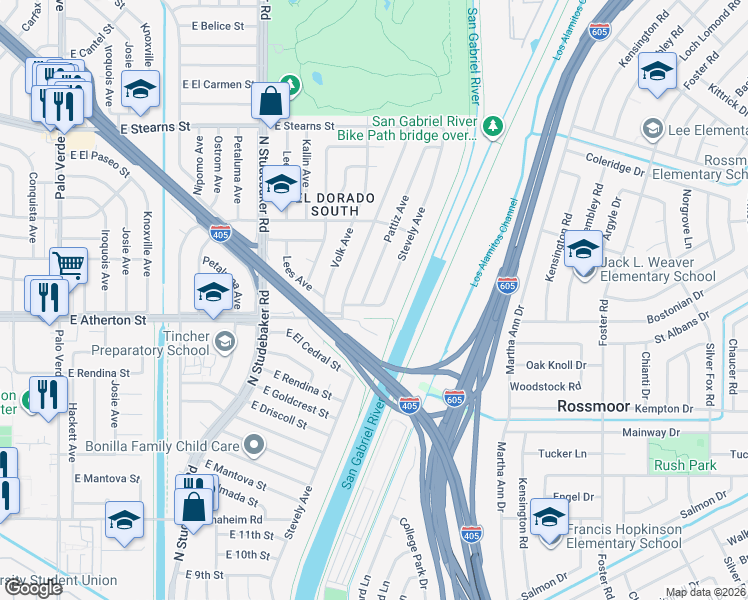 map of restaurants, bars, coffee shops, grocery stores, and more near 1855 Stevely Avenue in Long Beach