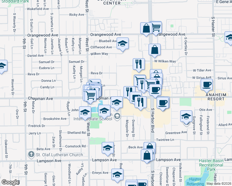 map of restaurants, bars, coffee shops, grocery stores, and more near 12219 Chapman Avenue in Garden Grove