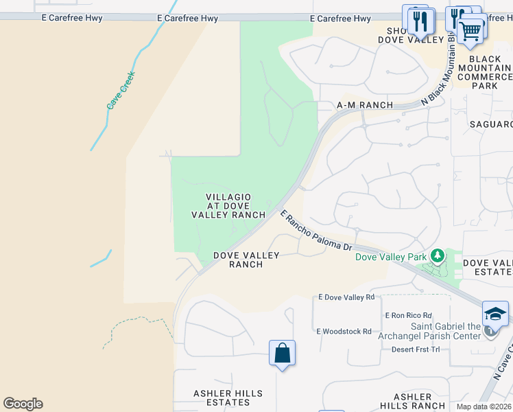 map of restaurants, bars, coffee shops, grocery stores, and more near North Black Mountain Parkway in Cave Creek