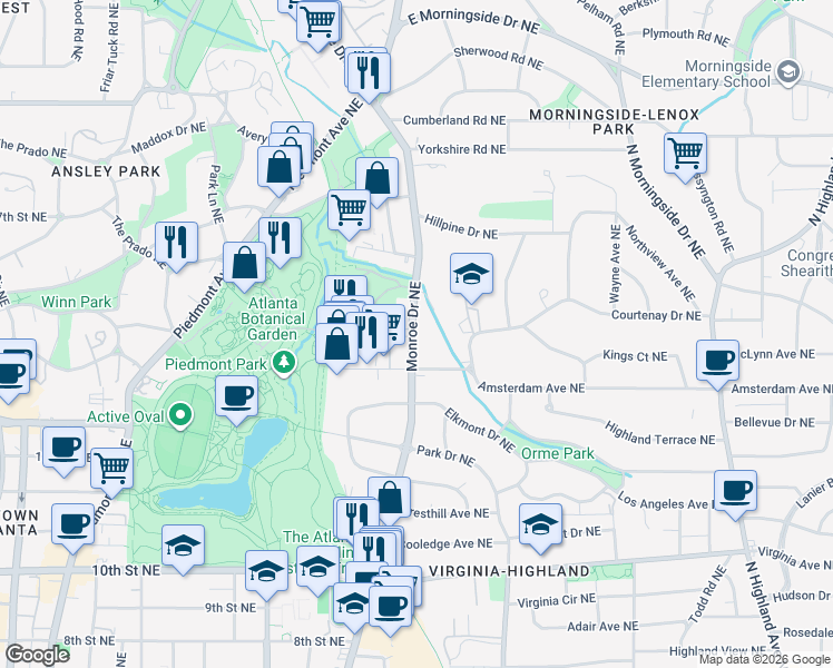 map of restaurants, bars, coffee shops, grocery stores, and more near 1269 Monroe Drive Northeast in Atlanta