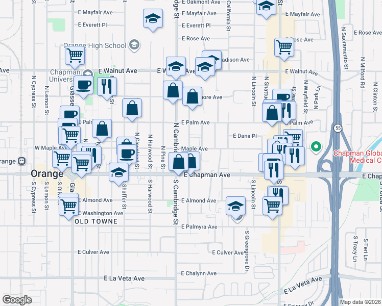 map of restaurants, bars, coffee shops, grocery stores, and more near 189 North Waverly Street in Orange