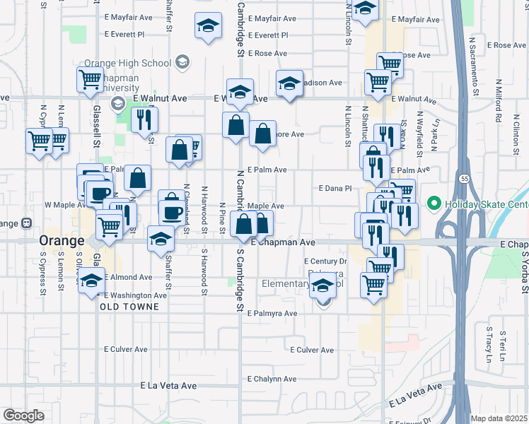 map of restaurants, bars, coffee shops, grocery stores, and more near 181 North Waverly Street in Orange
