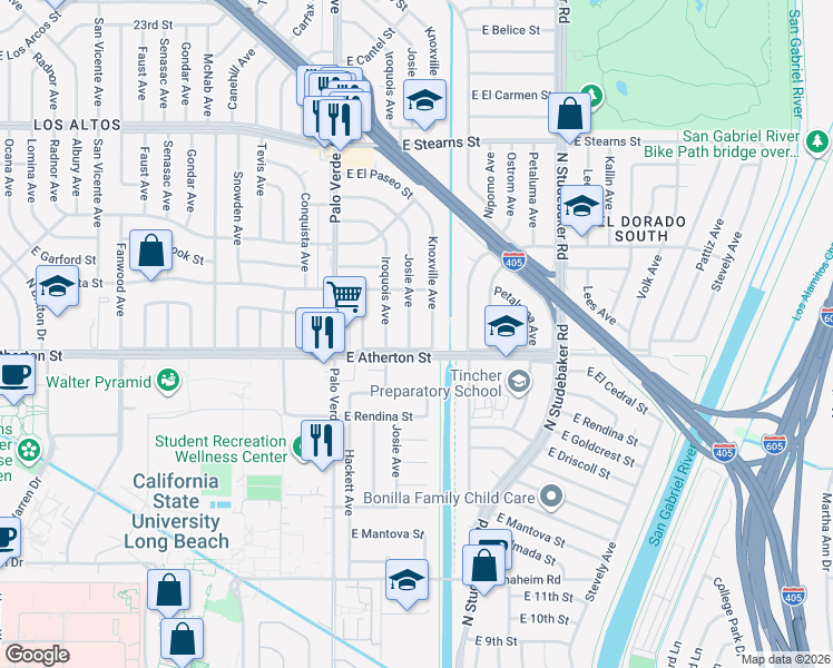 map of restaurants, bars, coffee shops, grocery stores, and more near 1801 Josie Avenue in Long Beach