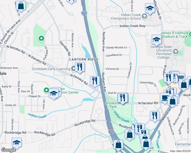 map of restaurants, bars, coffee shops, grocery stores, and more near 473 Lantern Wood Drive in Scottdale