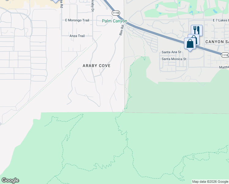 map of restaurants, bars, coffee shops, grocery stores, and more near 2390 Southridge Drive in Palm Springs