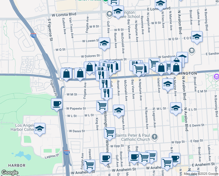 map of restaurants, bars, coffee shops, grocery stores, and more near 1327 Gulf Avenue in Los Angeles