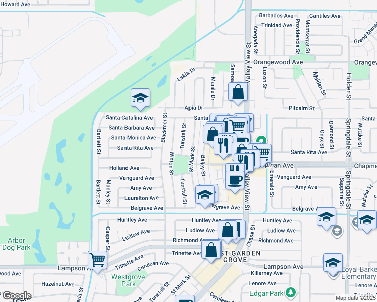 map of restaurants, bars, coffee shops, grocery stores, and more near 11901 Saint Mark Street in Garden Grove