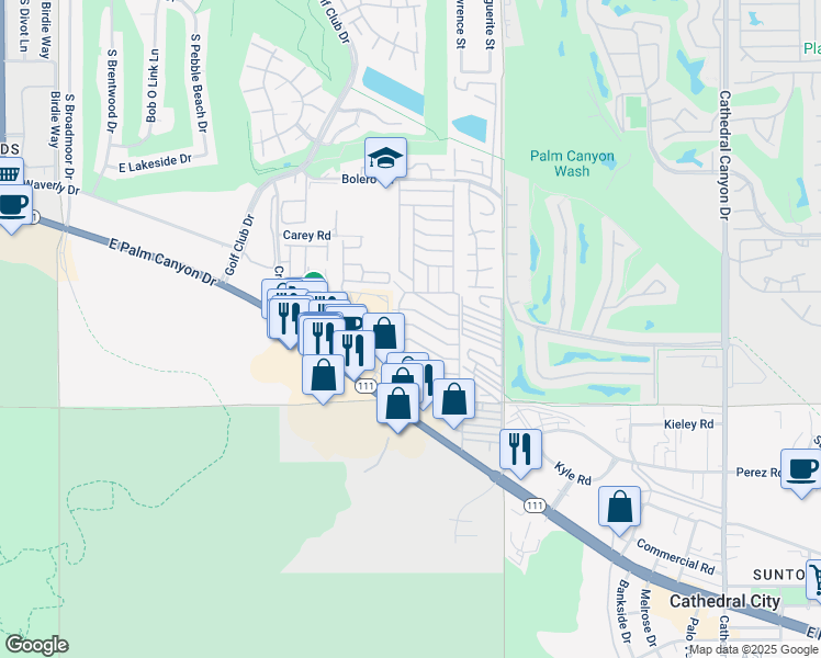 map of restaurants, bars, coffee shops, grocery stores, and more near 111 Aliso Drive in Palm Springs