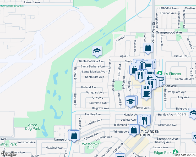 map of restaurants, bars, coffee shops, grocery stores, and more near 5472 Santa Rita Avenue in Garden Grove