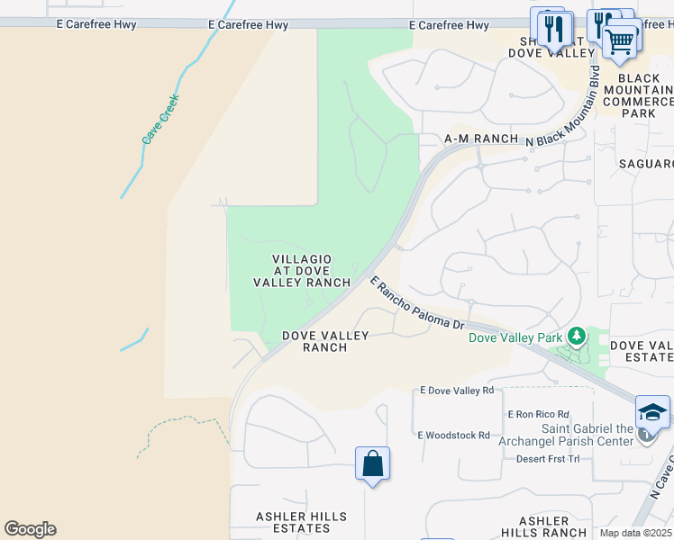 map of restaurants, bars, coffee shops, grocery stores, and more near 33575 North Dove Lakes Drive in Cave Creek