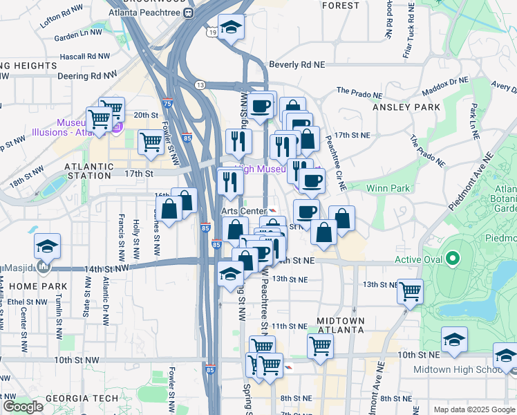 map of restaurants, bars, coffee shops, grocery stores, and more near in Atlanta