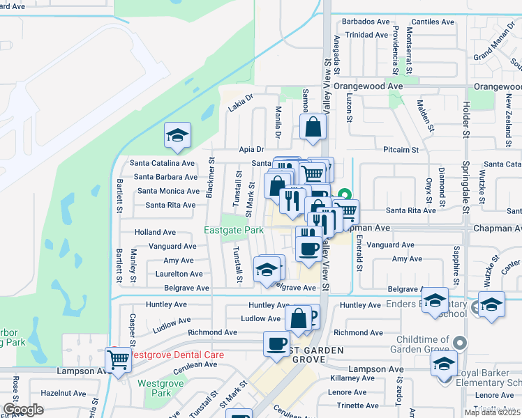 map of restaurants, bars, coffee shops, grocery stores, and more near 11911 Bailey Street in Garden Grove