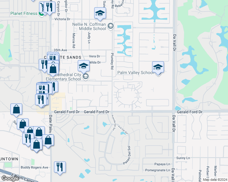 map of restaurants, bars, coffee shops, grocery stores, and more near 69520 Huerta Court in Rancho Mirage