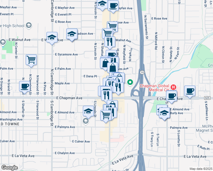 map of restaurants, bars, coffee shops, grocery stores, and more near 179 North Tustin Street in Orange