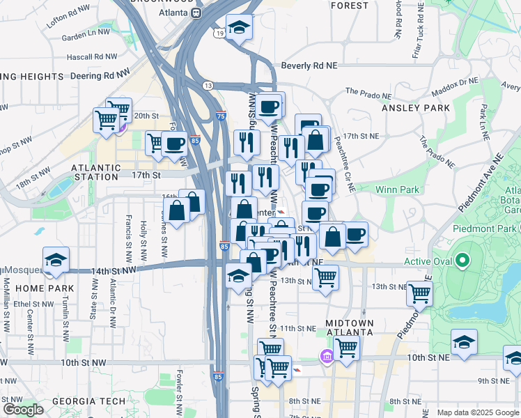 map of restaurants, bars, coffee shops, grocery stores, and more near in Atlanta