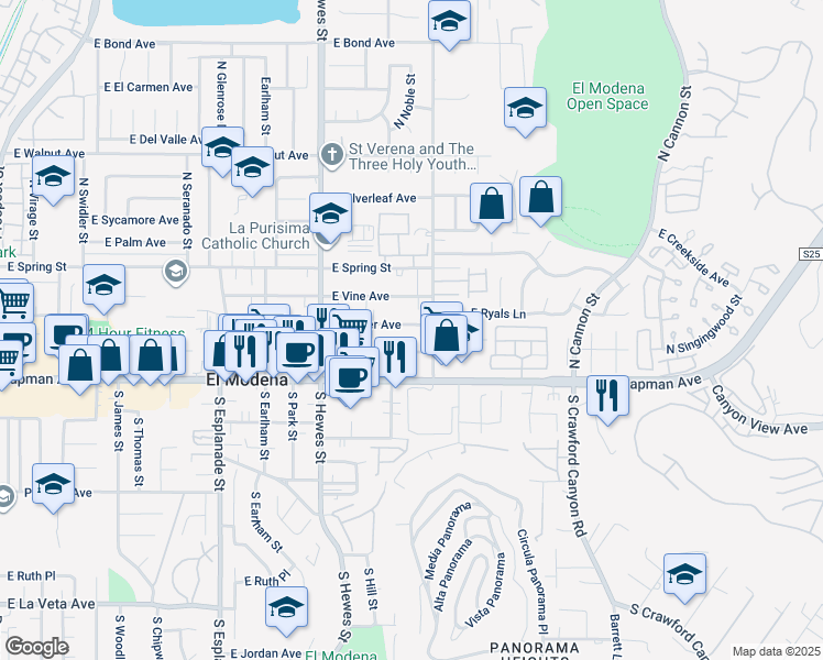map of restaurants, bars, coffee shops, grocery stores, and more near 18932 East Center Avenue in Orange