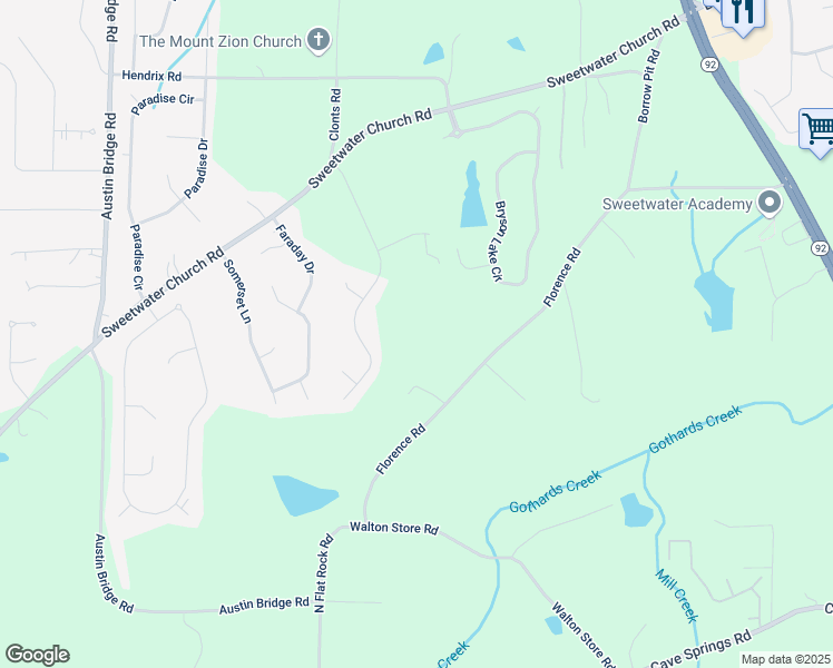 map of restaurants, bars, coffee shops, grocery stores, and more near 922 Florence Road in Douglasville