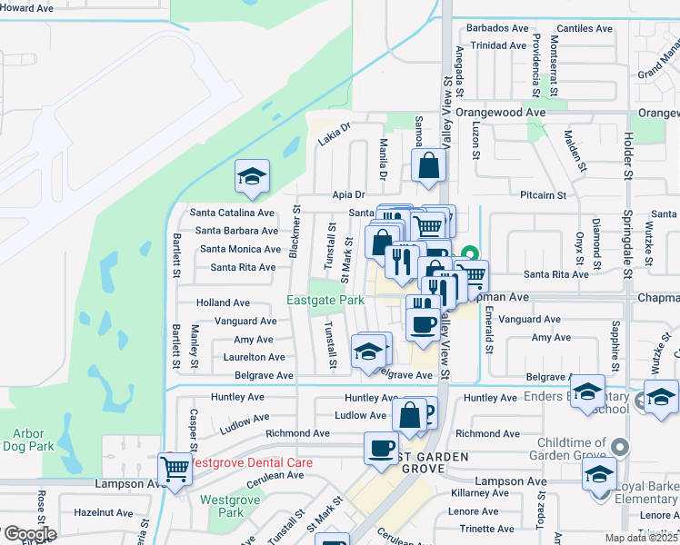 map of restaurants, bars, coffee shops, grocery stores, and more near 11901 Saint Mark Street in Garden Grove