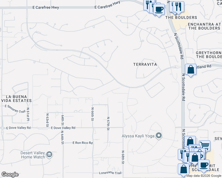 map of restaurants, bars, coffee shops, grocery stores, and more near 6719 East Soaring Eagle Way in Scottsdale