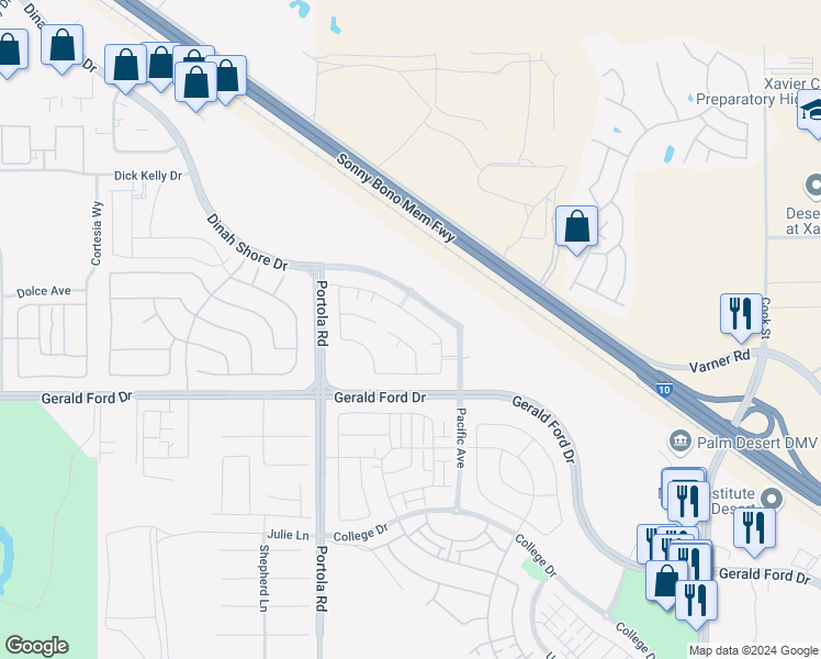 map of restaurants, bars, coffee shops, grocery stores, and more near 74542 Xander Court in Palm Desert