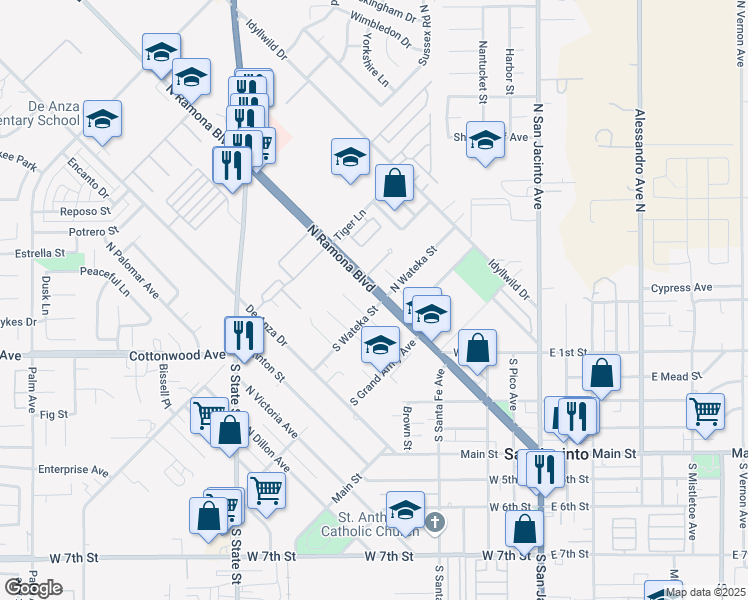 map of restaurants, bars, coffee shops, grocery stores, and more near 385 North Ramona Boulevard in San Jacinto