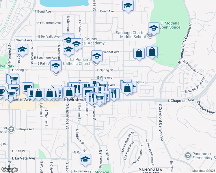 map of restaurants, bars, coffee shops, grocery stores, and more near 18825 East Pearl Avenue in Orange