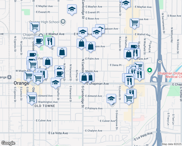 map of restaurants, bars, coffee shops, grocery stores, and more near 155 North Waverly Street in Orange
