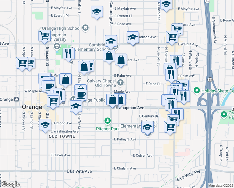 map of restaurants, bars, coffee shops, grocery stores, and more near 155 North Waverly Street in Orange