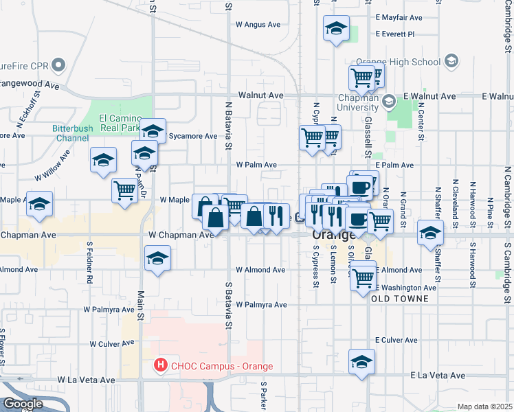 map of restaurants, bars, coffee shops, grocery stores, and more near 161 North Parker Street in Orange