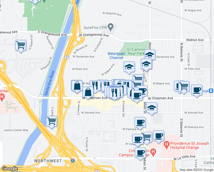 map of restaurants, bars, coffee shops, grocery stores, and more near 148 North Holly Street in Orange