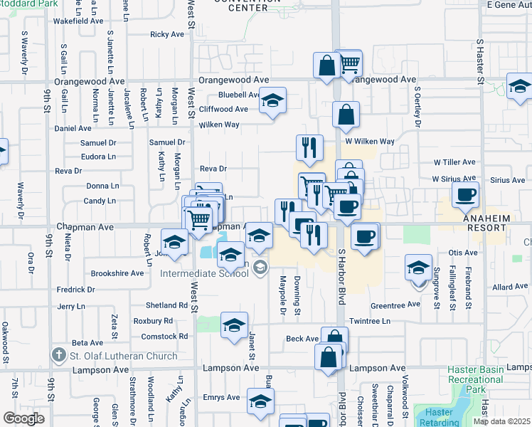 map of restaurants, bars, coffee shops, grocery stores, and more near 12231 Chapman Avenue in Garden Grove