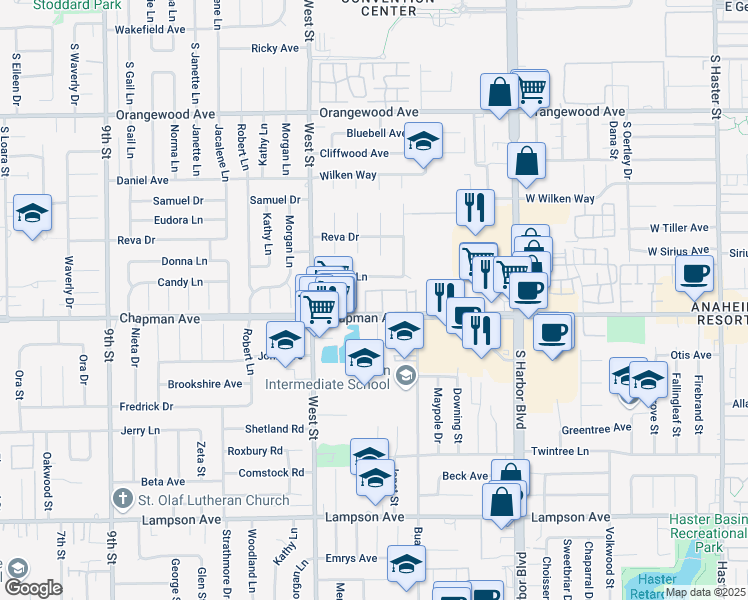 map of restaurants, bars, coffee shops, grocery stores, and more near 12131 Chapman Avenue in Garden Grove