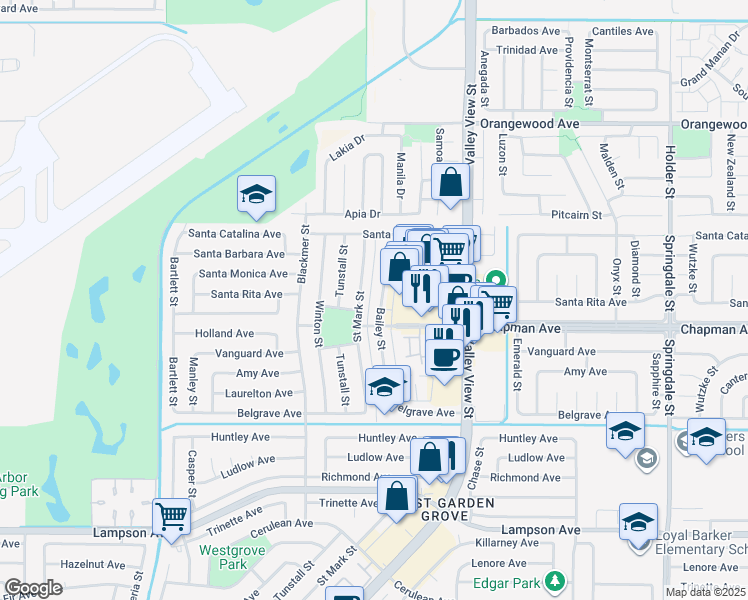 map of restaurants, bars, coffee shops, grocery stores, and more near 11911 Bailey Street in Garden Grove