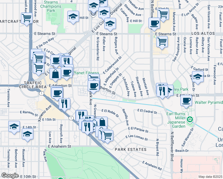map of restaurants, bars, coffee shops, grocery stores, and more near in Long Beach