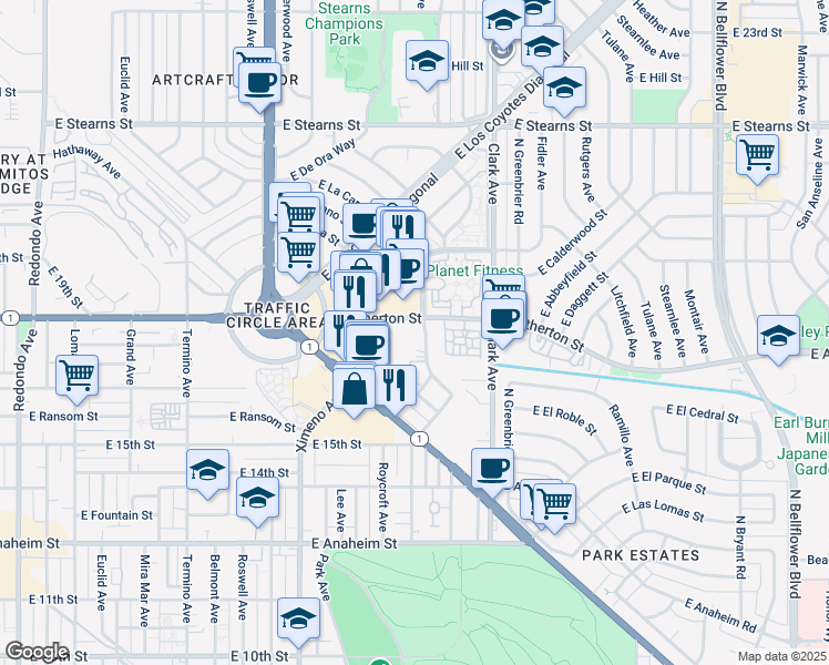 map of restaurants, bars, coffee shops, grocery stores, and more near 1761 Park Avenue in Long Beach