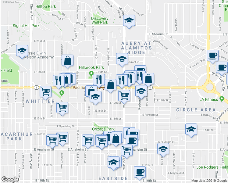 map of restaurants, bars, coffee shops, grocery stores, and more near 1750 Orizaba Avenue in Long Beach