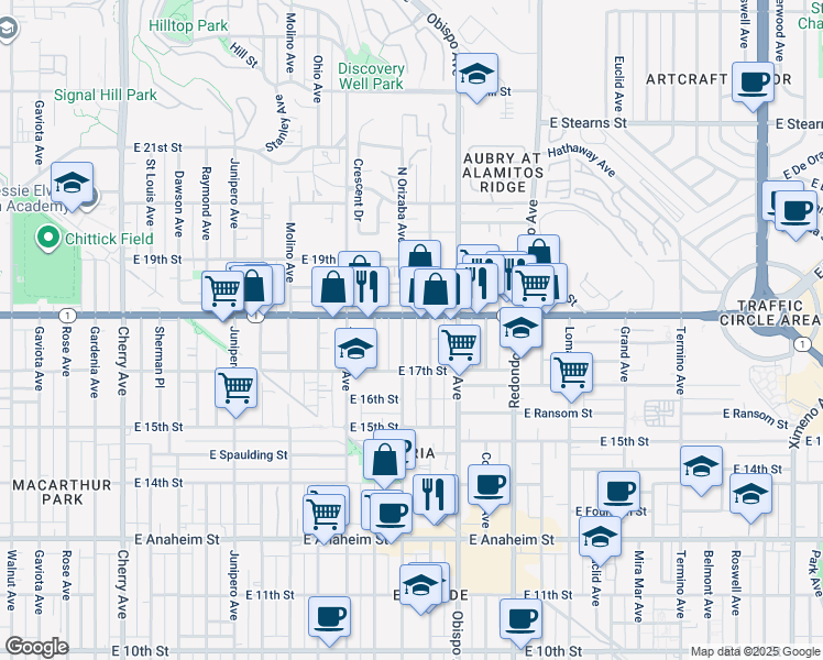 map of restaurants, bars, coffee shops, grocery stores, and more near 1750 Orizaba Avenue in Long Beach