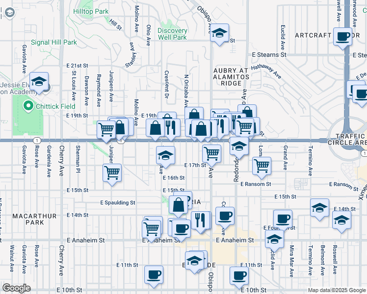 map of restaurants, bars, coffee shops, grocery stores, and more near 1750 Orizaba Avenue in Long Beach