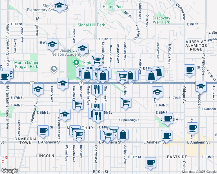 map of restaurants, bars, coffee shops, grocery stores, and more near 1741 Stanton Place in Long Beach