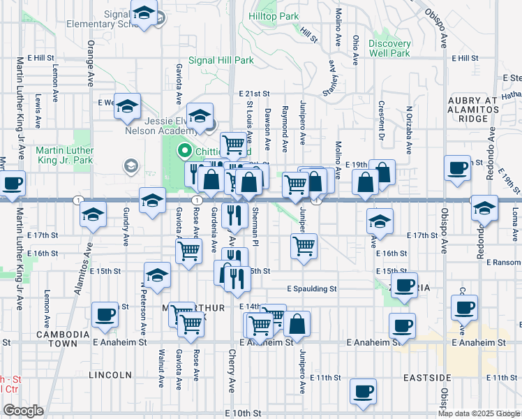 map of restaurants, bars, coffee shops, grocery stores, and more near 1741 Stanton Place in Long Beach