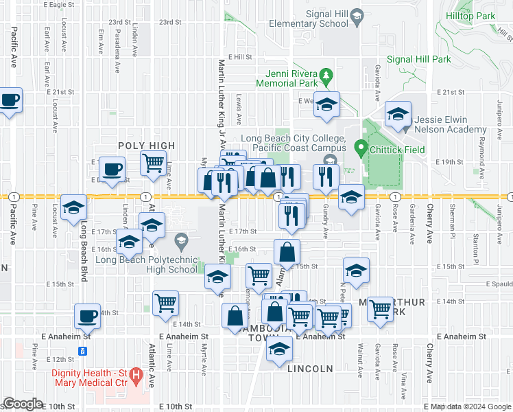 map of restaurants, bars, coffee shops, grocery stores, and more near 1725 Lemon Avenue in Long Beach