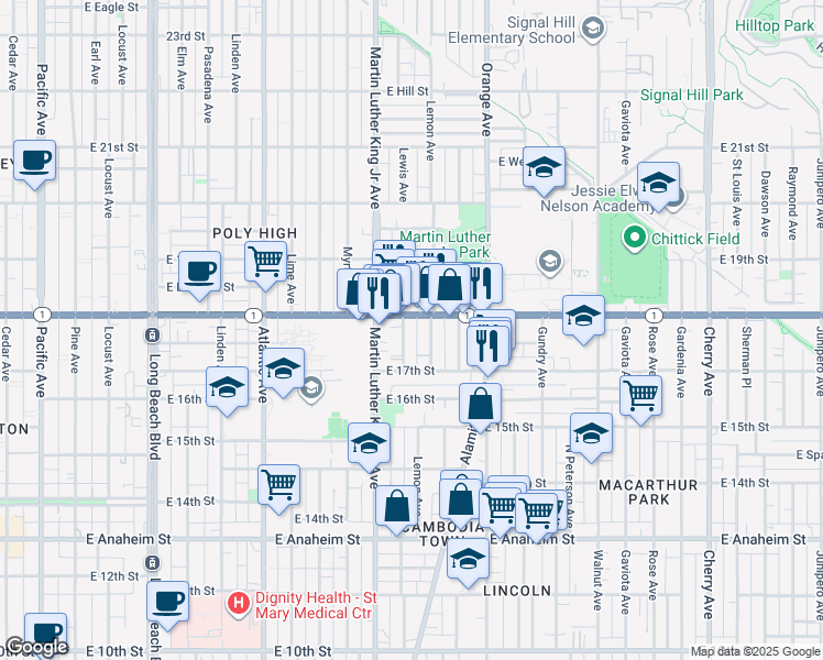 map of restaurants, bars, coffee shops, grocery stores, and more near 1725 Lemon Avenue in Long Beach
