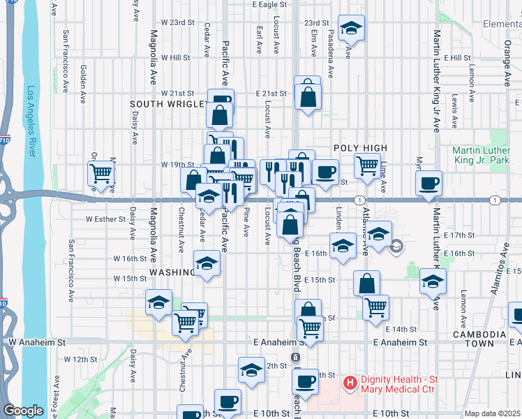 map of restaurants, bars, coffee shops, grocery stores, and more near 1750 Locust Avenue in Long Beach